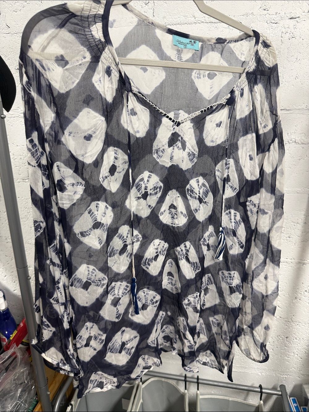 Boho Tie-Dye Sheer Peasant Top - Navy & White LETARTE - LIKE NEW Size Medium